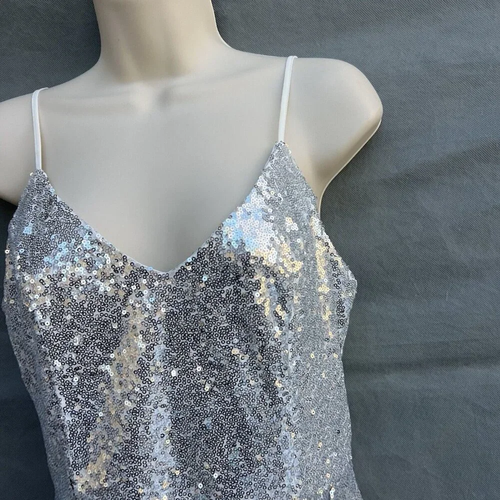 Lulu's Size M Silver Sequin Spaghetti Strap Party Mini Dress Draped V-Neck - Picture 5 of 6